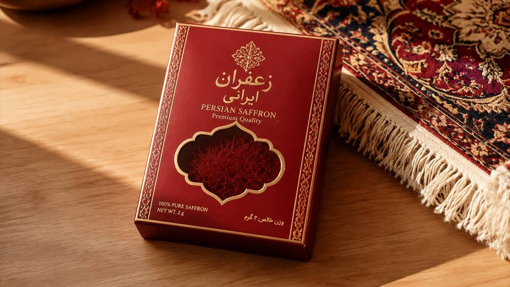تصویر باکیفیت از بسته بندی لوکس زعفران ایرانی و گوشه ای از فرش دستباف اصیل در محیطی مدرن و مینیمال با نورپردازی طبیعی.
