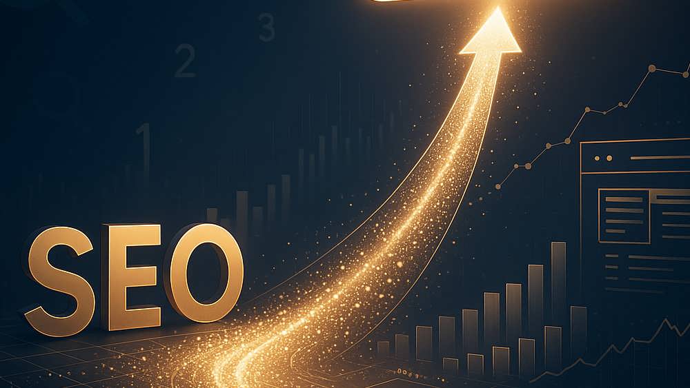 تصویر مفهومی از بهینه‌سازی موتورهای جستجو (SEO) و افزایش رتبه سایت در نتایج گوگل که نشان‌دهنده جذب ترافیک ارگانیک و تقویت جایگاه آنلاین کسب‌ و کار است.