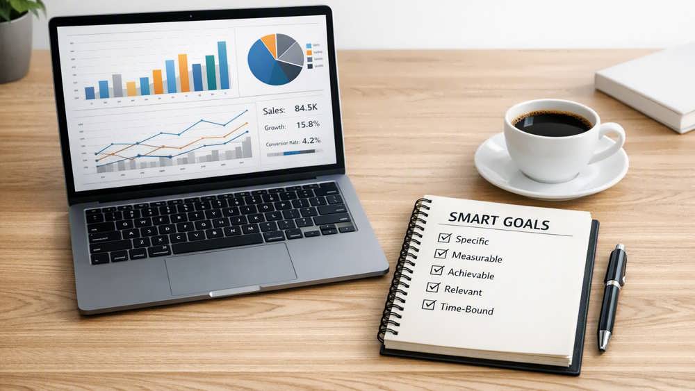 نمودار و ابزارهای برنامهریزی برای تعیین اهداف هوشمند (SMART) و دستیابی به موفقیت.