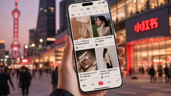 گوشی هوشمند نمایش‌دهنده اپلیکیشن شیائوهونگ‌شو (RedNote) در محیطی مدرن با نمادهای تجارت الکترونیک و خرید آنلاین در چین.