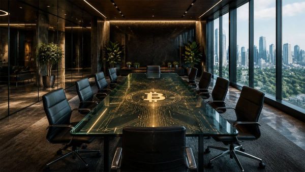 نمایش مفهومی از مدیریت دارایی‌های دیجیتال و انباشت بیت‌کوین در یک ساختار مالی مدرن و پیشرفته.