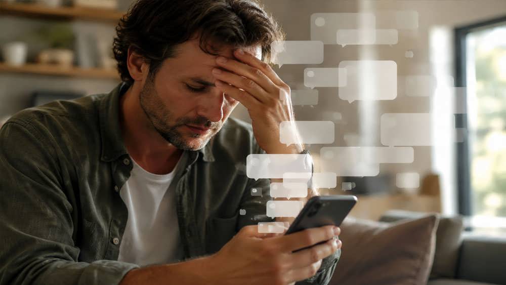 فردی مضطرب در حال نگاه کردن به اعلان های بی شمار گوشی موبایل