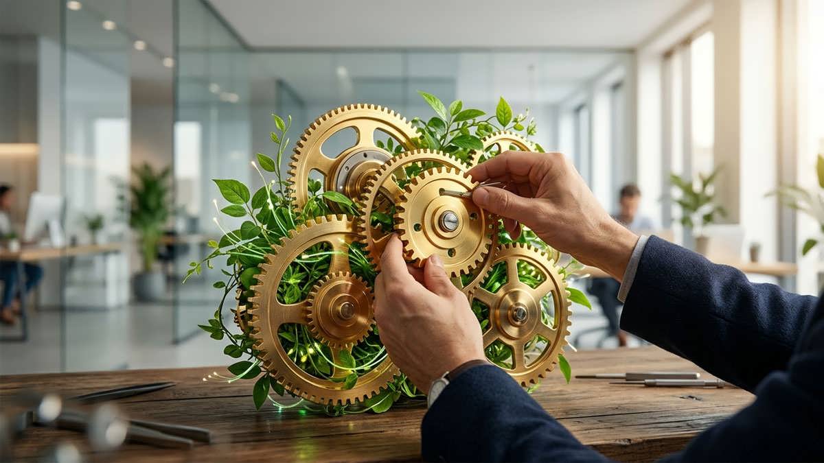 نمایی مدرن و مفهومی از ترکیب چرخ‌دنده‌های طلایی، نمادهای رشد تکنولوژی و یک گیاه سبز در دستان یک متخصص، نشان‌دهنده بهره‌وری انسان‌محور و پایدار.