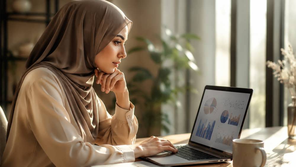 یک کارمند در حال تمرکز بر روی صفحه نمایش برای یادگیری مهارت های جدید نرم افزاری و توسعه فردی در محیط کار.