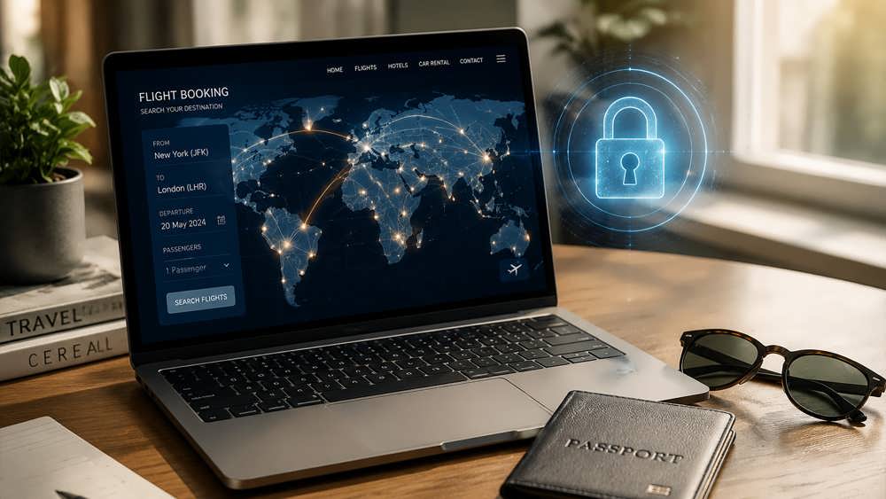 لپ تاپ، پاسپورت چرمی و عینک آفتابی روی یک میز کار تمیز که یک قفل امنیتی دیجیتال بر فراز آن ها می درخشد.