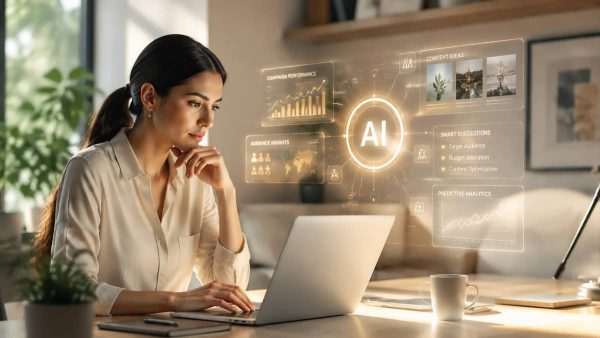 همکاری یک متخصص بازاریابی دیجیتال با دستیار هوش مصنوعی در یک محیط کاری مدرن