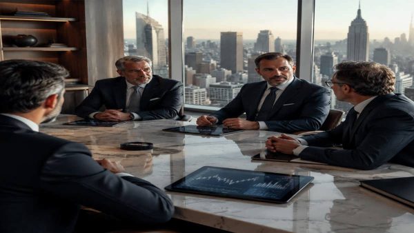 مدیران دارایی ارشد در یک اتاق کنفرانس مدرن وال‌استریت در حال بررسی روندها و نمودارهای مالی در تبلت‌های پیشرفته