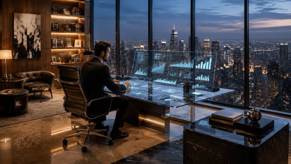 دفتر کار مدرن و لوکس برای مدیریت ثروت اختصاصی با نمای شهر در شب