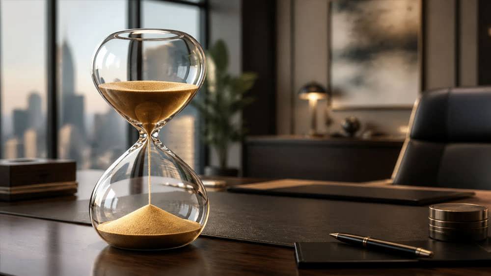 ساعت شنی لوکس با شن های طلایی در حال ریزش روی یک میز کار مدرن.