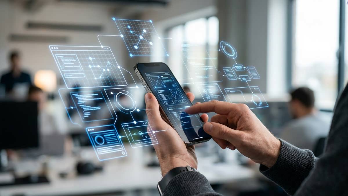 توسعه‌دهنده نرم‌افزار در حال کار با رابط کاربری شناور و طراحی اپلیکیشن موبایل در یک محیط کاری مدرن.