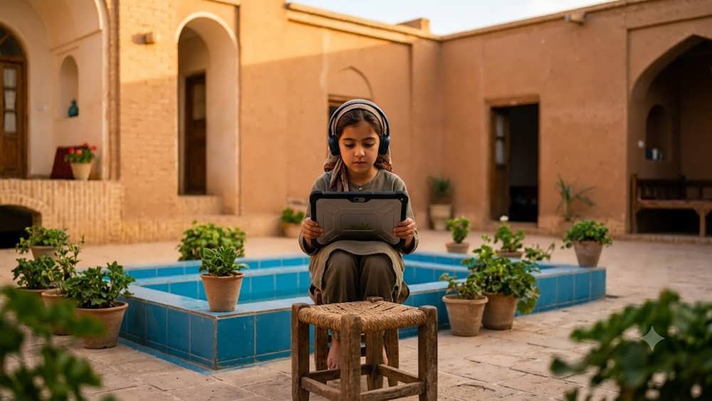 تصویری فتورئالیستیک از یک دختر جوان ایرانی در حیاط خانه‌ای سنتی در روستا، که در حال تماشای کلاس آنلاین روی تبلت خود است. 