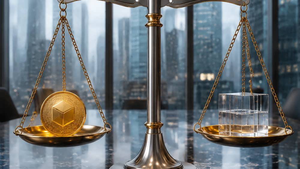 ترازوی نمادین روی میز مرمرین اداری بیانگر تفکیک نظارتی SEC و CFTC بر بازار ارزهای دیجیتال