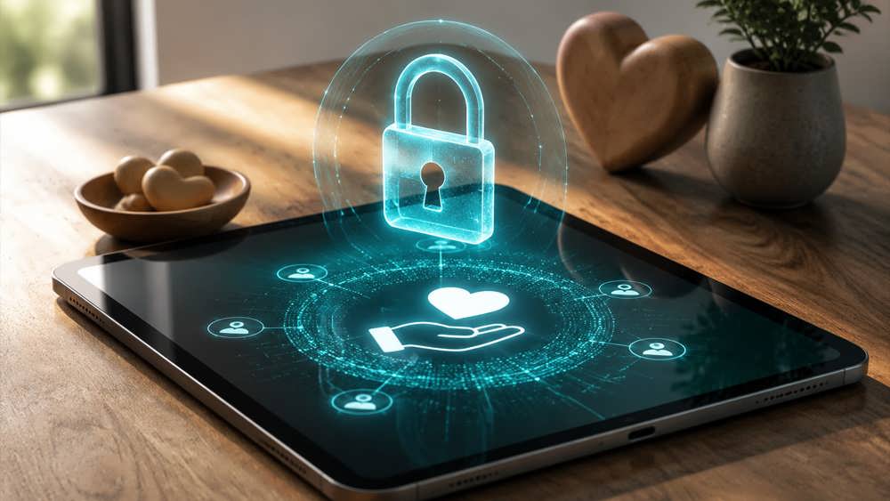 تبلت مدرن روی یک میز چوبی مینیمال که آیکون های مفهومی کمک مالی روی آن توسط یک قفل