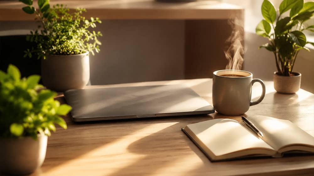 میز کار منظم و مینیمال با چیدمانی حرفه ای که نماد تمرکز عمیق و بهره وری بالا است.