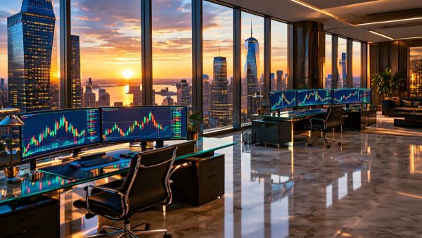 مفهوم سرمایه‌گذاری در صندوق ETF فیوچرز بیت‌کوین در یک فضای مدرن مالی با تلفیق بازارهای سنتی و دیجیتال