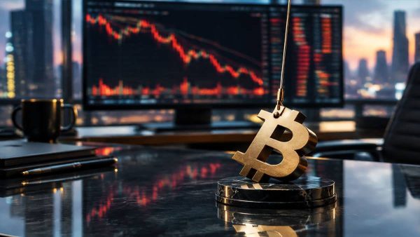 نمایش گرافیکی و مدرن از بازار بیت‌کوین و مفهوم فروش استقراضی در فضای مالی دیجیتال.