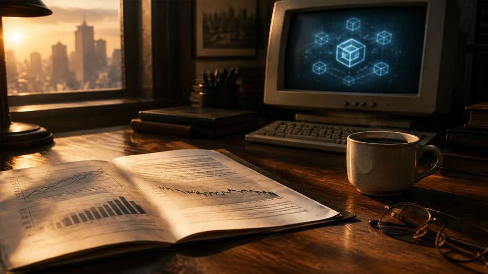  تصویر Editorial از یک سفر سفیدکاغذ بیتکوین (White Paper) روی میز چوبی قدیمی توام با قهوه و کامپیوتر کلاسیک به سبک سال ۲۰۰۸، با نور ملایم پنجره و نماد یک بلوک دیجیتال روی صفحه نمایش.