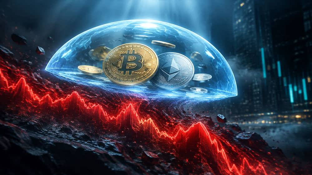 مفهوم پوشش ریسک در معاملات آپشن کریپتو با سپر محافظ دیجیتال در برابر سقوط نمودار قیمت
