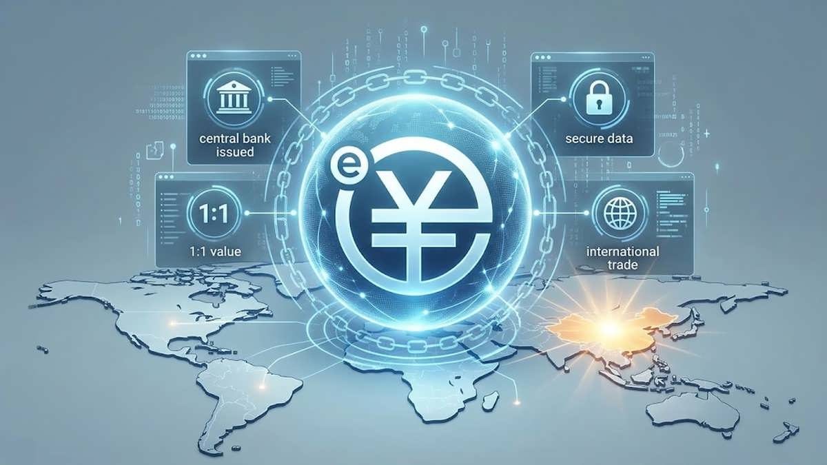نماد درخشان e-CNY بر روی نقشه جهان با جریان‌های داده، نشان‌دهنده یوآن دیجیتال چین.