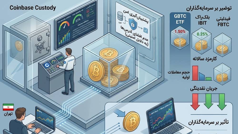 اینفوگرافیک مقایسه خروج سرمایه GBTC، کارمزد رقبا و ساختار حضانتی کوین بیس
