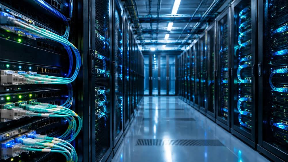 رکهای سرور پیشرفته با کابلهای فیبر نوری درخشان برای کاهش تاخیر و پردازش دادهها