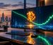 نمایش نمادین سقوط قیمت بیت‌کوین و تبدیل آن به بازدهی مثبت مالی در یک محیط حرفه‌ای بورس و کریپتو.