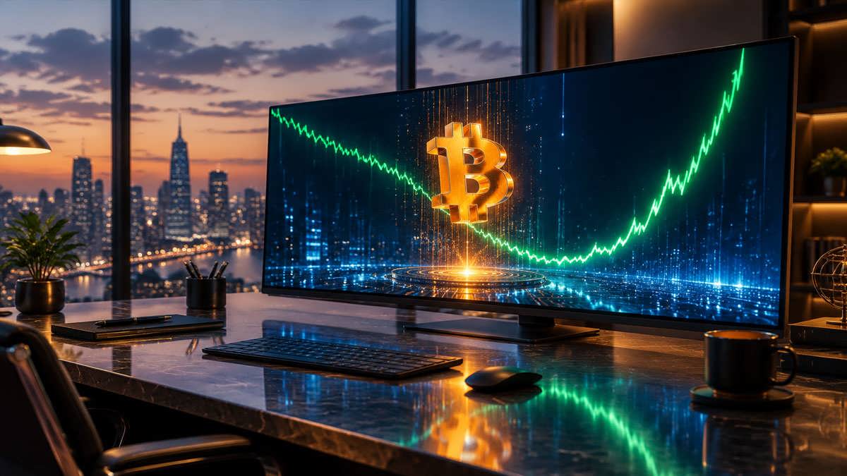 نمایش نمادین سقوط قیمت بیت‌کوین و تبدیل آن به بازدهی مثبت مالی در یک محیط حرفه‌ای بورس و کریپتو.