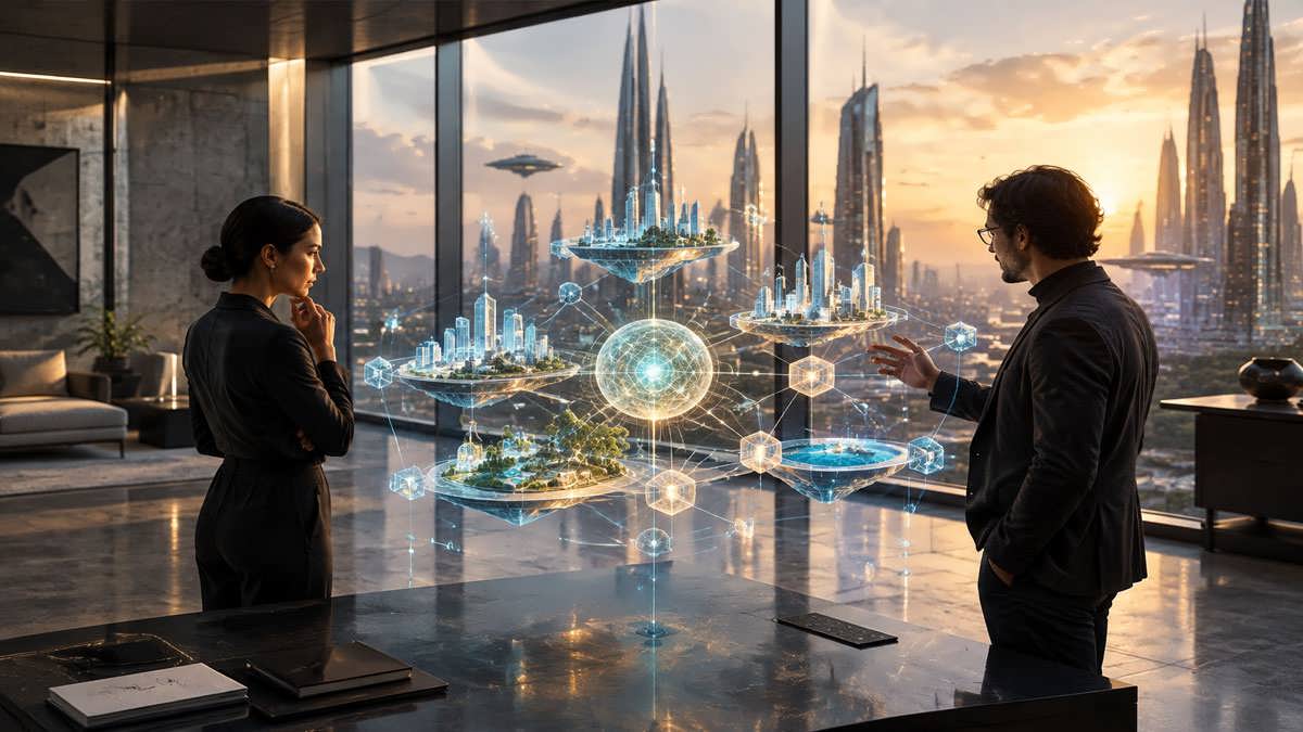 نمایی فتورئالیستیک و سینمایی از ترکیب زیرساخت‌های مدرن فناوری و جهان مجازی متاورس با محوریت حاکمیت داده‌ها و اقتصاد دیجیتال