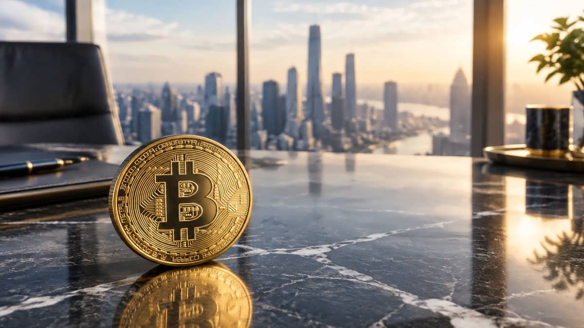 تصویر مفهومی از بیت‌کوین در یک محیط مالی مدرن و لوکس